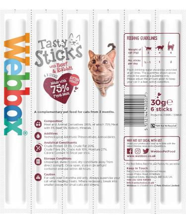 Webbox Tasty Sticks Cat Treats Beef and Rabbit - Kitten Friendly Wheat and Grain Free No Artificial Colours (25 x 6 Packs) - Buy Online on SooperMarket.com