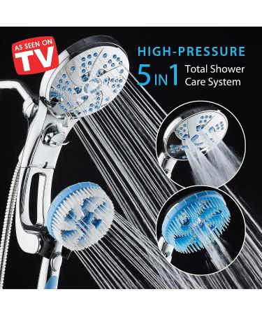 High Pressure 6-in-1 Aquassage by AquaCare - 76-mode Combo Showerhead with Hand Shower, Body Brush, Hair Brush & Arm in One! Stainless Steel Hose, Brush Holder - All-Chrome - Buy Online on SooperMarket.com
