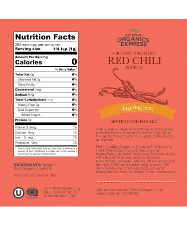 HQOExpress Organic Red Chili Pepper Crushed USDA Certified Organic Chili Flakes -Hot and Spicy  - Buy Online on SooperMarket.com