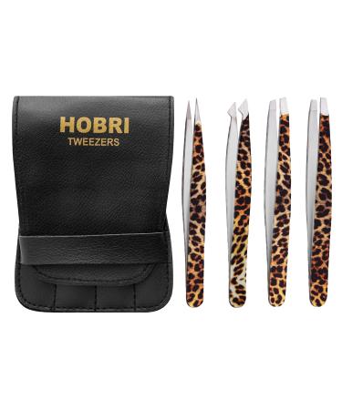Tweezers Set Eyebrows Tweezers Kit Professional Stainless Steel Tweezers Set - 4 Pieces with Leatherette Travel Case Perfect for Facial Hair Beauty and Personal Care Tool (Leapord Style)