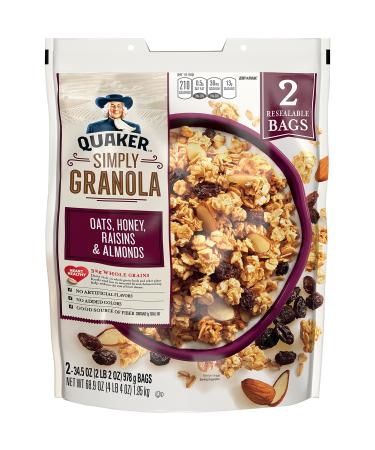 Quaker Natural Granola Oats Honey Raisins and Almonds - Two 34.5oz Bags