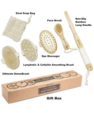 5-in-1 Body Brush Set for Exfoliation and Cellulite Massage - Shower & Bath Scrubber with Long Handle and Sisal Bag - Natural Bristle Facial Brush Included - Perfect Gift Idea - Buy Online on SooperMarket.com