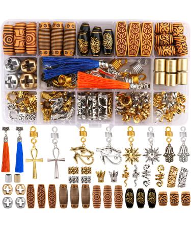 110PCS Hair Tube Beads Retro Metal Dreadlock Accessories Wooden-Like Barrel Beads Braiding Hair Jewelry Handmade DIY Tassel Sunflower Decoration Snake Loc Braids Coil for Men Women Hip-Hop Style