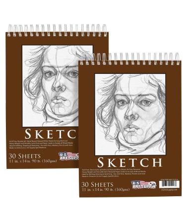 U.S. Art Supply 11" x 14" Top Spiral Bound Sketch Book Pad Pack of 2 30 Sheets Each 90lb (160gsm) - Acid-Free Heavyweight Paper Artist Sketching Drawing Pad - Pencils Charcoal - Adults Students