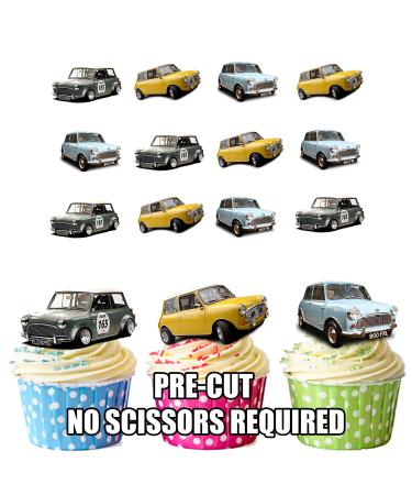 Vintage Classic Mini Car Mix Cake Decorations - 12 Edible Wafer Cup Cake Toppers