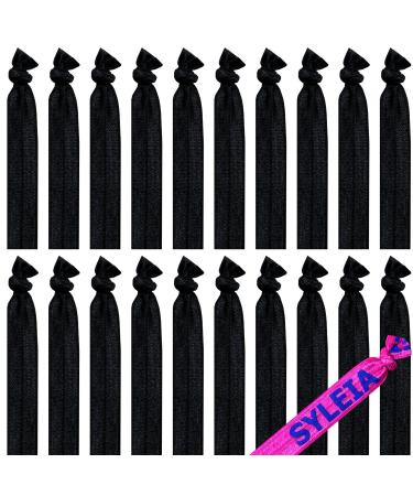 Syleia Pack of 20 Black Hair Ties Ponytail Holders Elastic Ribbon Band Crease Free Hand Knotted Fold Over Ouchless Strong Hold