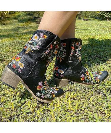 ZGRZPMGR Women's Western Cowgirl Embroidered Ankle Boots - Black (9.5-10) - Buy Online on SooperMarket.com