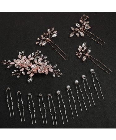 14 Pieces Wedding Hair Clips Bride Pearl Hair Pins U-shaped Flower Rhinestone Pearl Hair Clips Barrettes Flower Bridal Headpieces for Bride Bridesmaid Wedding Hair Accessories (Rose Gold and Silver)