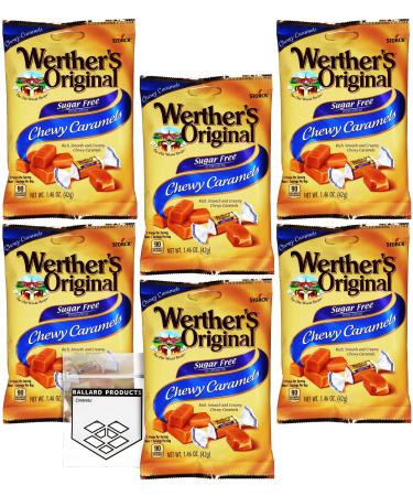 Werthers Original Sugar Free Chewy Caramel Candy| 1.46 Ounce Bags - Pack of 6 | Bundled with Ballard Caramel Sauce Recipe Card