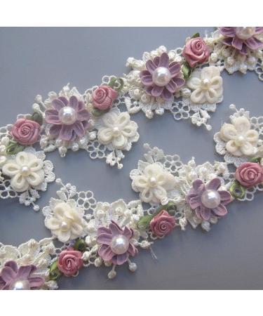1 Yard Vintage Style Flower Pearl Beads Lace Trim Ribbon - Apricot Wedding Dress Embellishment - Buy Online on SooperMarket.com