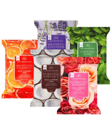 Body Prescriptions Makeup Remover Wipes Bulk 5 Pack 150 Facial Cleansing Cloths Removes Makeup Mascara Dirt and Oil (Mint Rosehip Vitamin C Lavender and Coconut) Mint Rosehip Vitamin C Lavender & Coconut