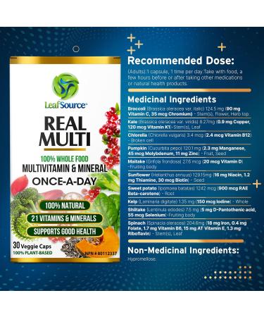 Leafsource Real Multi Vitamins & Minerals Capsules 21 Organic Sourced Whole Food Real Fruits & Veggies Supplements Vegan Enhanced Well-being Naturally A REAL Natural Multivitamin and Multi-Mineral with cofactors intact Syntetic vitamins can't do that only - Buy Online on SooperMarket.com