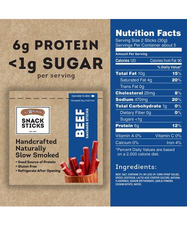 Old Wisconsin Beef Sausage Snack Sticks - Naturally Smoked, High Protein, Low Carb, Keto, Gluten Free - 5 oz Reasealable Pack - Buy Online on SooperMarket.com