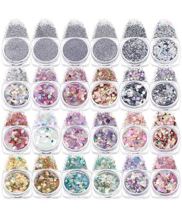 24 Boxes Holographic Nail Art Sequins Sets Glitter Mermaid Powder Nail Art Decorations 3D Flakes Shiny Powder Dust Iridescent Manicure Tips Charms for Face Eyes Body Hair Nail Art (Chic Pattern)
