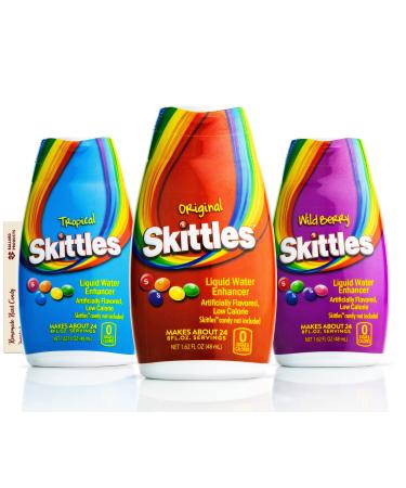 Skittles Liquid Water Enhancers Variety Pack of 3 - 1 Bottle of Each of the Skittles Flavors - Original, Tropical, and Wild Berry Skittles - Bundle with Ballard Products Recipe Card
