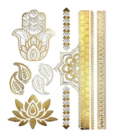 Gold Metallic Henna Temporary Tattoos - 75+ Designs Elephants, Flowers, Evil Eye & More! Waterproof, Non-Toxic, Long Lasting - Ideal for Beach, Festivals, Parties - Buy Online on SooperMarket.com