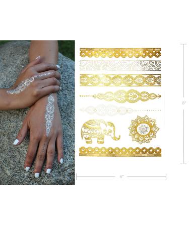 Terra Tattoos Gold Metallic Temporary Tats - 75+ Boho Henna Designs with Feathers, Tribal Elephants - Waterproof, Nontoxic, Long Lasting - Ideal for Beach, Festivals & More! - Buy Online on SooperMarket.com