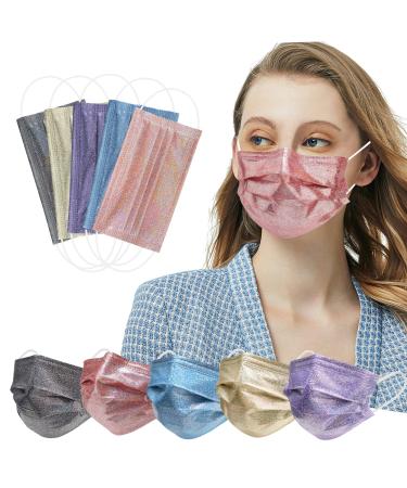 3 Ply 50 Pcs Sparkly Disposable Face Masks with Fashion Design Glitter Printed Face Masks for Women
