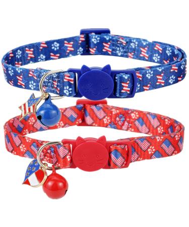 BoomBone 2 Pack American Flag Cat Collar Breakaway with Bell, USA Kitten Collar for 4th of July Independence Day