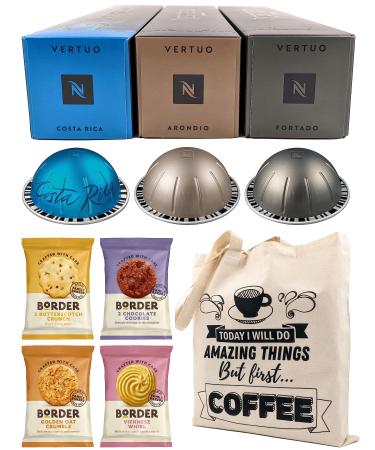 Nespresso Vertuo Coffee Capsules - Fortado Costa Rica Arondio - 3 Boxes (30 Pods) Bundled with Border Biscuits Selection & Giftable Tote Bag