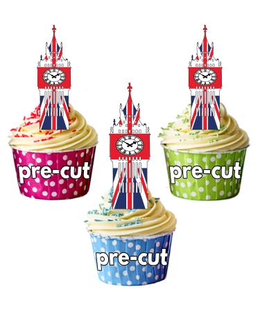 PRE-CUT Union Jack Big Ben Mix - Edible Cupcake Toppers/Cake Decorations King Coronation