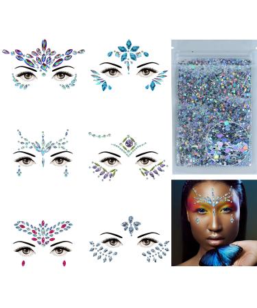 Face Gems-6 Sets Face Jewels Stick On Rhinestones Stickers-Self adhesive Crystals Gemstones Decals Eye Face Body Euphoria Makeup Rave Outfits Festival Clothes Accessories Gifts For Women And Girls