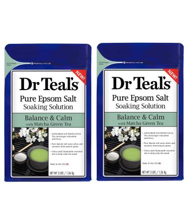 Dr Teal's Epsom Salt Matcha Green Tea Bath Soaking Solution - Balance & Calm - Pack of 2, 3 lb Resealable Bags - Moisturize Your Skin, Relieve Stress and Sore Muscles