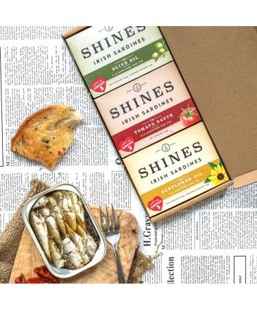 Pack of Shines Irish Tinned Sardines - 3 Flavours Tomato Sauce Olive Oil and Sunflower Oil - Pilchards - Low Carb and High Protein - Canned Fish High in Omega 3 - 3x 106g Cans - Buy Online on SooperMarket.com