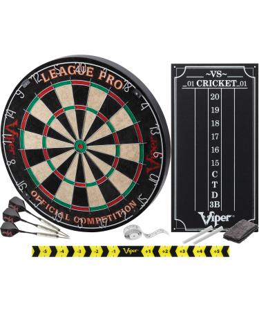 Viper League Pro Regulation Bristle Steel Tip Dartboard Starter Set with Staple-Free Bullseye, Radial Spider Wire, High-Grade Sisal with Rotating Number Ring, Chalk Cricket Scoreboard, Steel Tip Darts