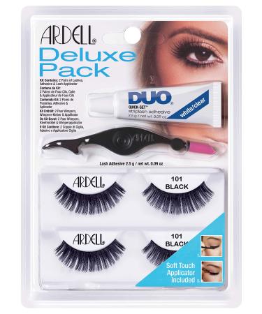 Ardell Deluxe Pack 2x pair of real hair eyelashes with duo eyelash glue and easy applicator for attaching the artificial eyelashes the original for perfect lashes 2.5g (style 101)