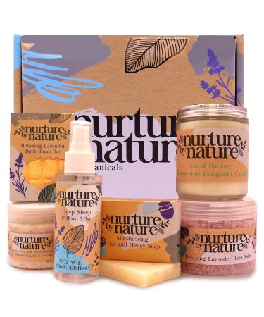 RELAX & CALM | Pamper Gift Basket For Women By Nurture By Nature | Essential Oils, Lavender, Bath Salts, Soap, Bath Bombs, Candle & MORE | Mothers Day Gift | Bath Set