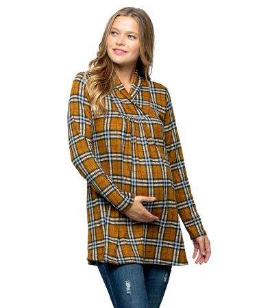 My Bump Maternity Knit Sweater - High Neck Shawl Collar Long Sleeves Tunic Pullover Top (Made in USA) S Mustard/Blk Lbak