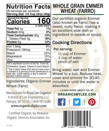 Royal Lee Organics Emmer Grain - 2lbs Pack - Organic Whole Grain - Buy Online on SooperMarket.com