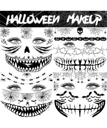 Scary Halloween Face Temporary Tattoos - 4 Sheets for Women, Men, Kids, and Adults | 3D Witch, Zombie Makeup Kit | Dia de los Muertos Face Tattoos with Spider Web, Bat, and Scar Designs - Buy Online on SooperMarket.com