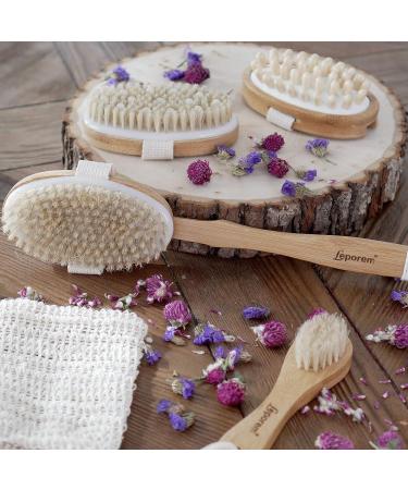 5-in-1 Body Brush Set for Exfoliation and Cellulite Massage - Shower & Bath Scrubber with Long Handle and Sisal Bag - Natural Bristle Facial Brush Included - Perfect Gift Idea - Buy Online on SooperMarket.com