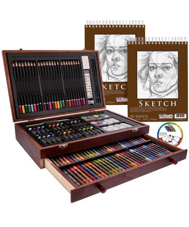 U.S. Art Supply 145-Piece Mega Wood Box Art Painting and Drawing Set in Storage Case - 2 Sketch Pads 24 Watercolor Paint Colors 24 Oil Pastels 24 Colored Pencils 60 Crayons 2 Brushes Artist Kit