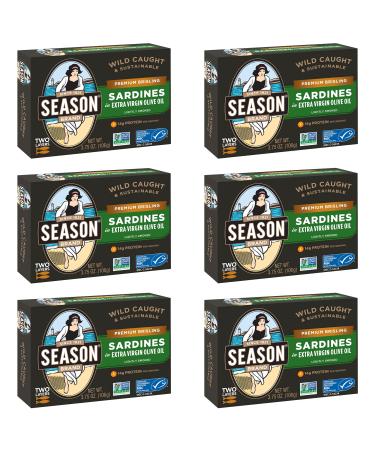 Season Brisling Sardines in Pure Olive Oil, 3.75-Ounce Tins (Pack of 6)
