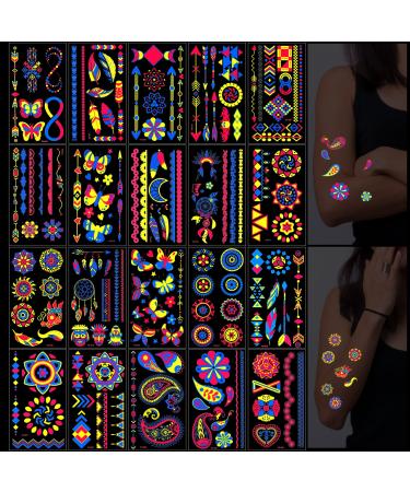 Lusofie 20 Sheet Glow in The Dark Tattoos  Temporary Tattoos Fluorescence UV Neon Body Face Fake Waterproof Tattoo Stickers for Adults Kids  Rave Festival Accessory Party Supplies