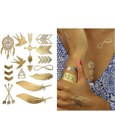 Gold Metallic Temporary Tattoos - 75+ Geometric Henna Designs Moon Stars Arrows Feathers - Waterproof, Non-toxic, Long Lasting - Ideal for Beach, Festivals & More! - Buy Online on SooperMarket.com
