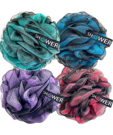 Loofah-Charcoal Bath-Sponge-Color-Set XL-75g by Shower Bouquet - Extra Large 4 Pack, Soft Mesh Black Bamboo Loufa Puff - Exfoliating Body Scrubber for Women and Men: Soothing Face & Body Exfoliator