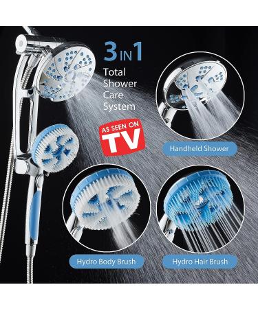 High Pressure 6-in-1 Aquassage by AquaCare - 76-mode 3-way Combo  Showerhead  Hand Shower  Body Brush  Hair Brush & Arm in One! Two Brackets  Extra-long 6 foot Stainless Steel Hose  Brush Head Holder All-chrome - Buy Online on SooperMarket.com