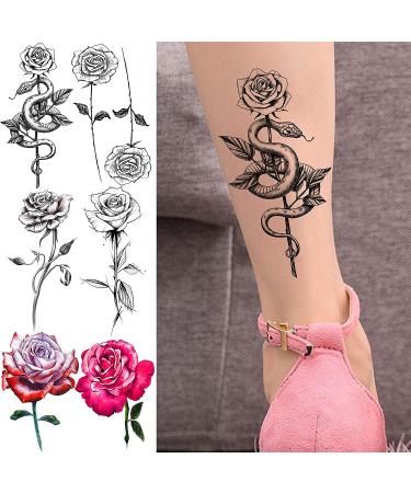 Black Sketch Rose & Snake Temporary Tattoos for Women - Waterproof Sexy Red Rose & Crescent Moon Tattoo Sticker Kit - Buy Online on SooperMarket.com
