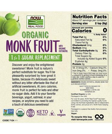 Now Foods Organic Monk Fruit 1-to-1 Sugar Replacement - 1 lb (454 g) | Natural Sweetener - Buy Online on SooperMarket.com