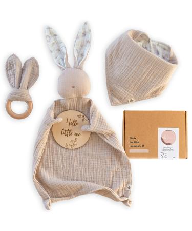 Mikito Organic Cotton Newborn Gifts Box  Baby Gifts Unisex incl. Muslin Baby Lovey Comforter + Baby Bandana Bib Drool + Wooden Baby Teether + Birth Announcement Sign  Baby Gift Set  Loveys for Babies Beige