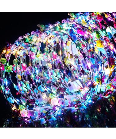 64 Pcs Light up Flower Headband Multicolor LED Flower Hair Crown Garlands Flower Girl Headpiece Luminous Tiara Glowing Floral Wreath Crowns Flower Headdress for Women Festival Birthday Wedding Party