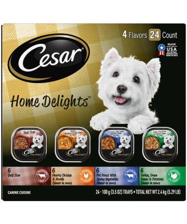 CESAR HOME DELIGHTS Soft Wet Dog Food Pot Roast & Vegetable, Beef Stew, Turkey Potato & Green Bean, and Hearth Chicken & Noodle Variety Pack, (24) 3.5 oz. Easy Peel Trays