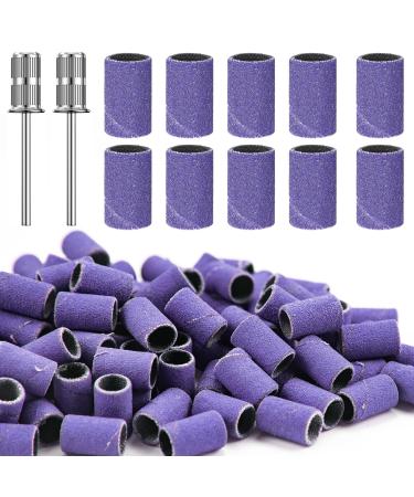 Nail Sanding Bands for Nail Drill 100Pcs Purple Sanding Bands for Nail Drill 150# Grit Nail Drill Sanding Bands with 2Pcs 3/32 Mandrel Bits and Boxed for Acrylic Nails Gel Manicures and Pedicure