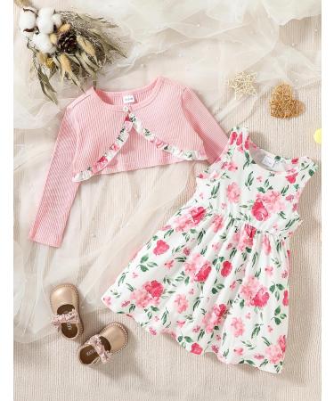 Puseky Toddler Girl 2 Piece Floral Sleeveless Dress & Cardigan Set, 3-4 Years, Pink - Buy Online on SooperMarket.com