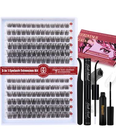 Goddvenus DIY Lashes Extension Kit Wispy Lash Clusters D Curl Eyelash Extension Kit 8-16mm Mix Natural Individual Lashes with Lash Bond and Seal and Remover Lash Applicator Lash Extension Kit D-Natural clusters