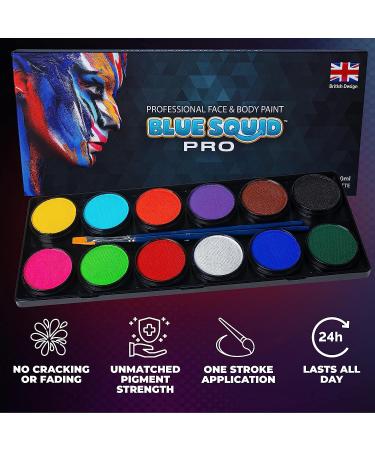 Blue Squid PRO Professional Face Paint Kit - 12x10g Classic Color Palette for Adults & Kids - Safe & Superior SFX Body Painting Supplies for Sensitive Skin - Halloween Ready - Buy Online on SooperMarket.com